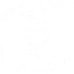 White illustrated icon of two hands surrounding a heart on a red circle background