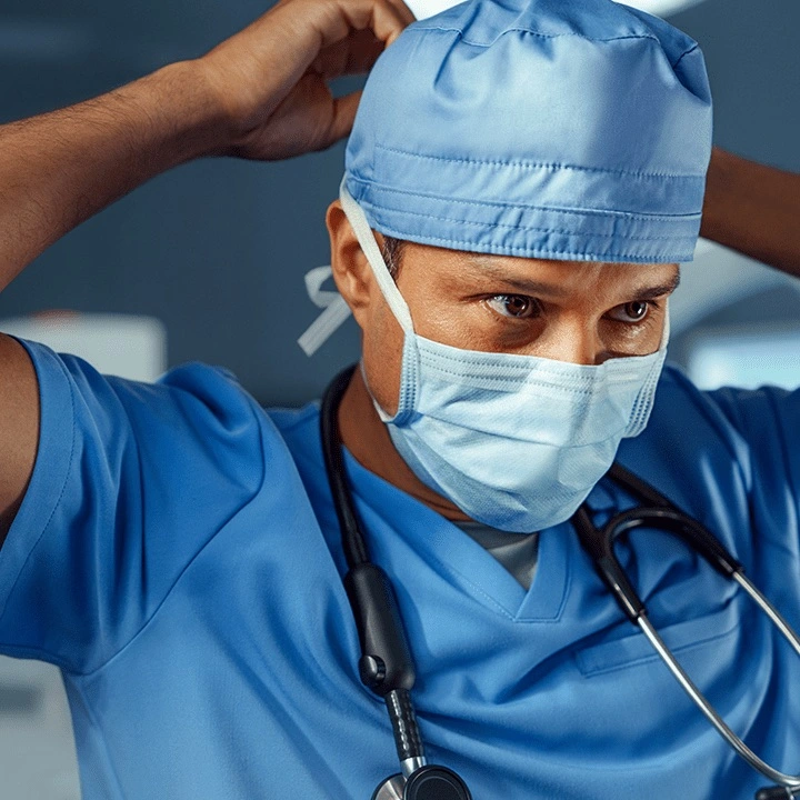Image of a male physician putting on a surgical mask