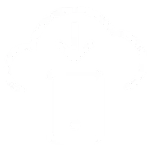 White illustrated icon of a cloud pointing down to a mobile device on a red circle background
